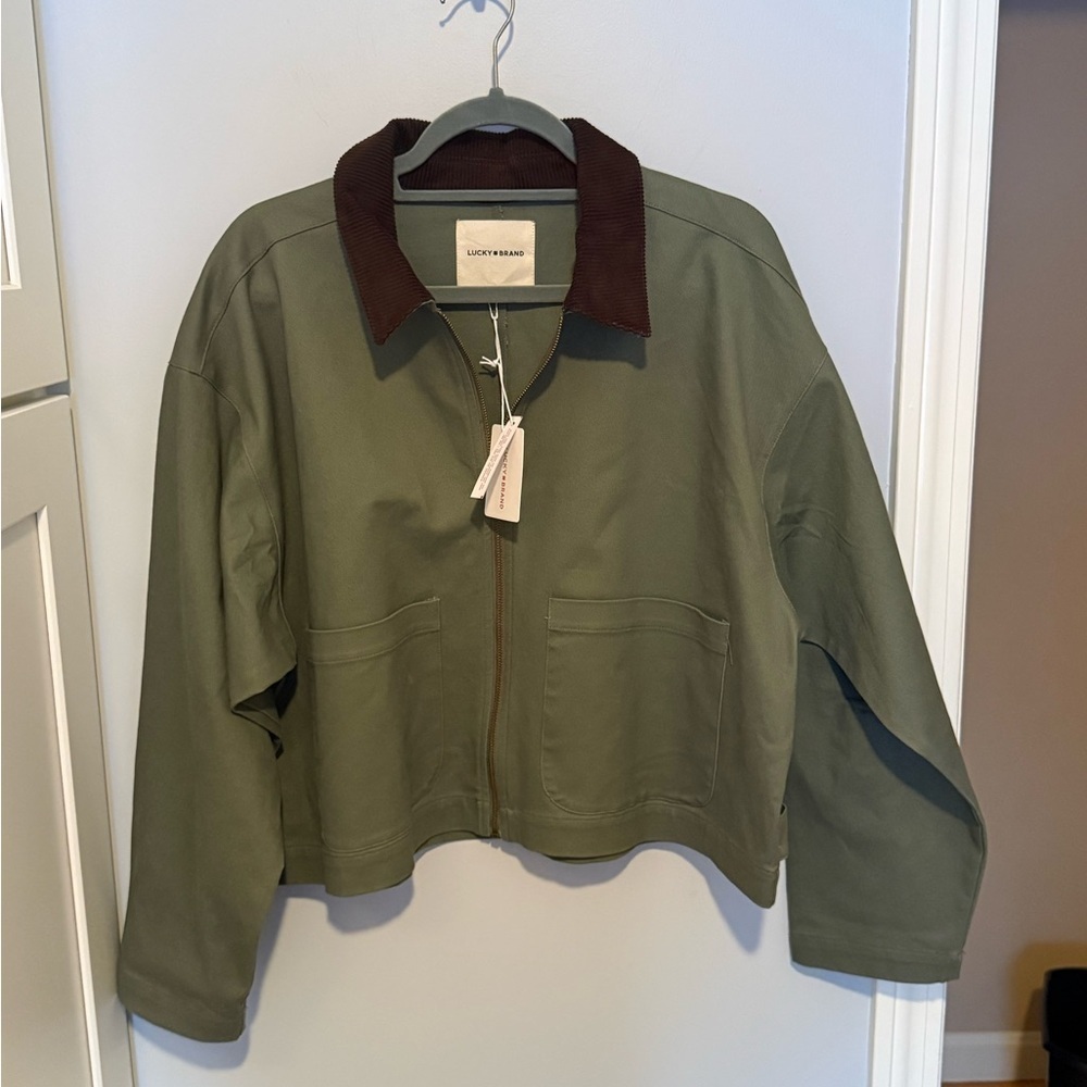 NWT Lucky Brand Olive Utility Jacket with Brown Collar